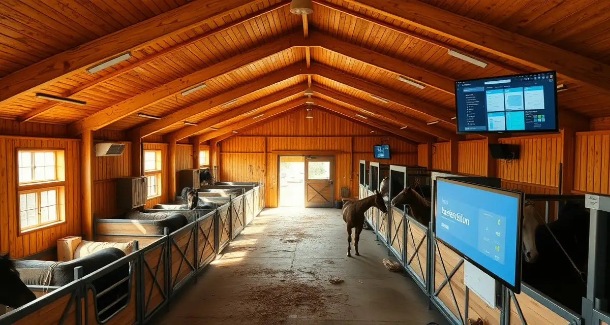 Modern horse barn interior showing organized stalls and digital management system for equestrian facility operations in Missouri
