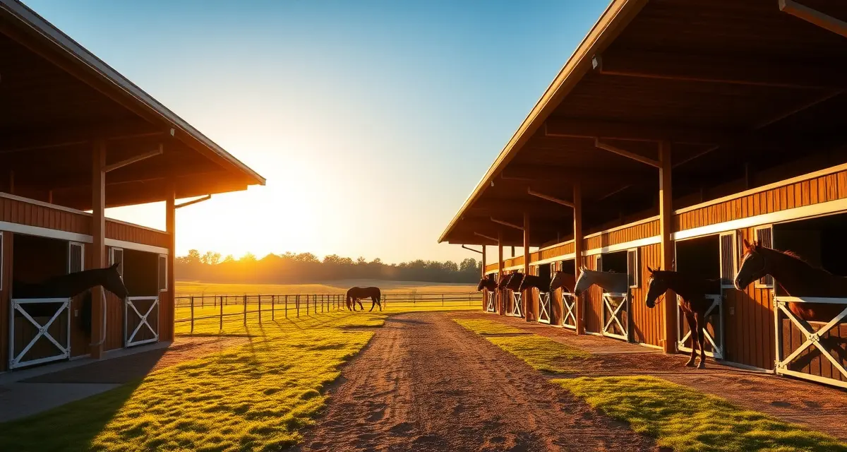Modern Missouri equine facility with multiple horse barns, paddocks, and grazing pastures showcasing professional stable management setup