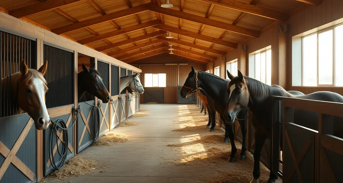 Well-organized horse boarding barn in Missouri with multiple stalls and professional facilities for equine care and stable management.