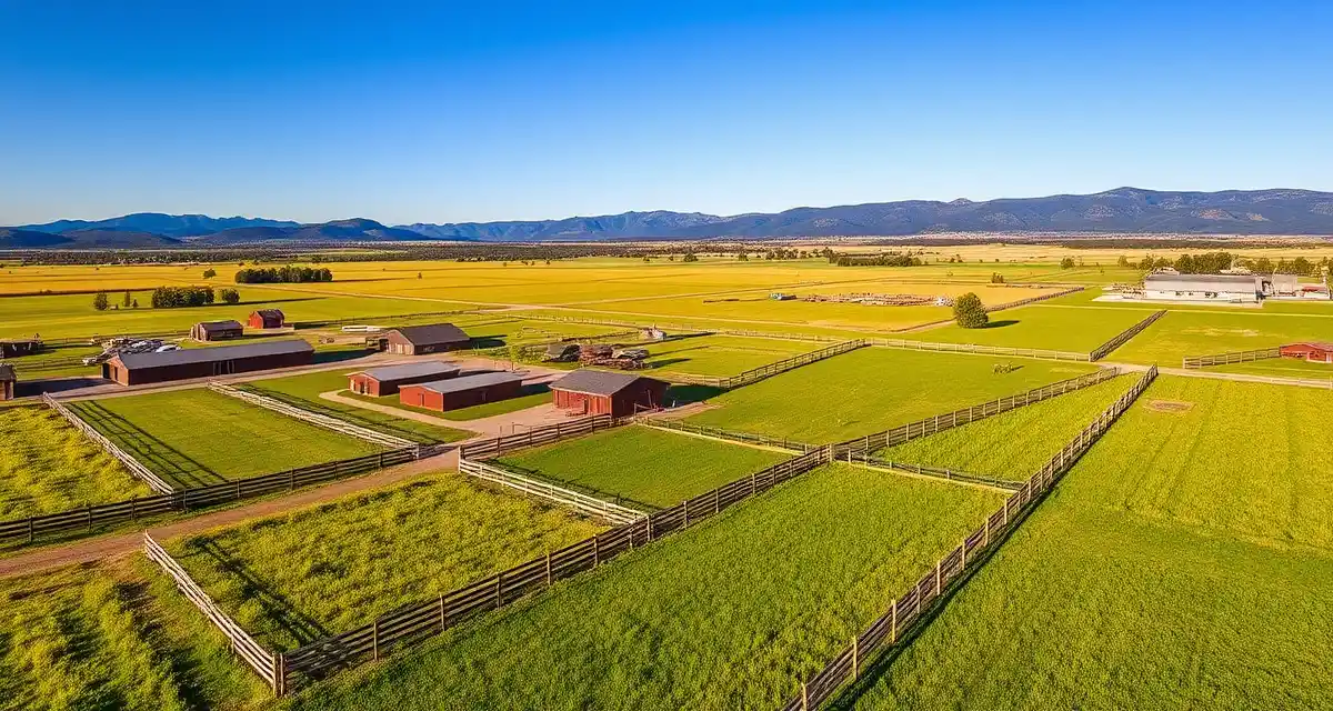 Aerial view of a Montana horse ranch with barns, pastures, and fencing in mountainous terrain, showcasing equine facilities management.