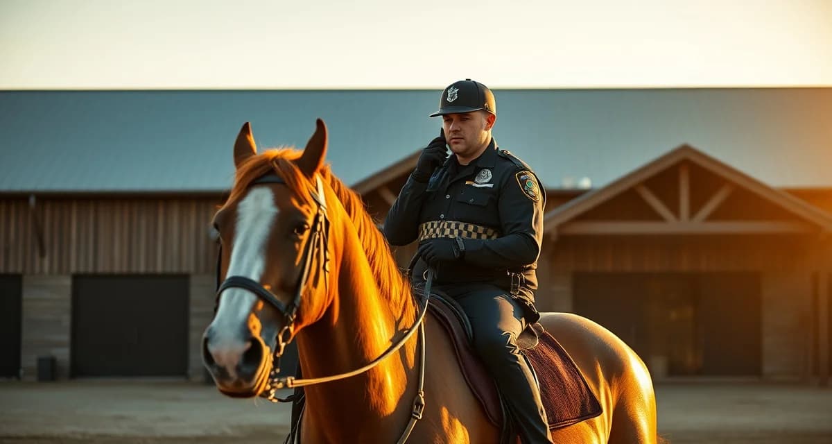 Mounted patrol officer communicating emergency updates from barn facility using radio communication system
