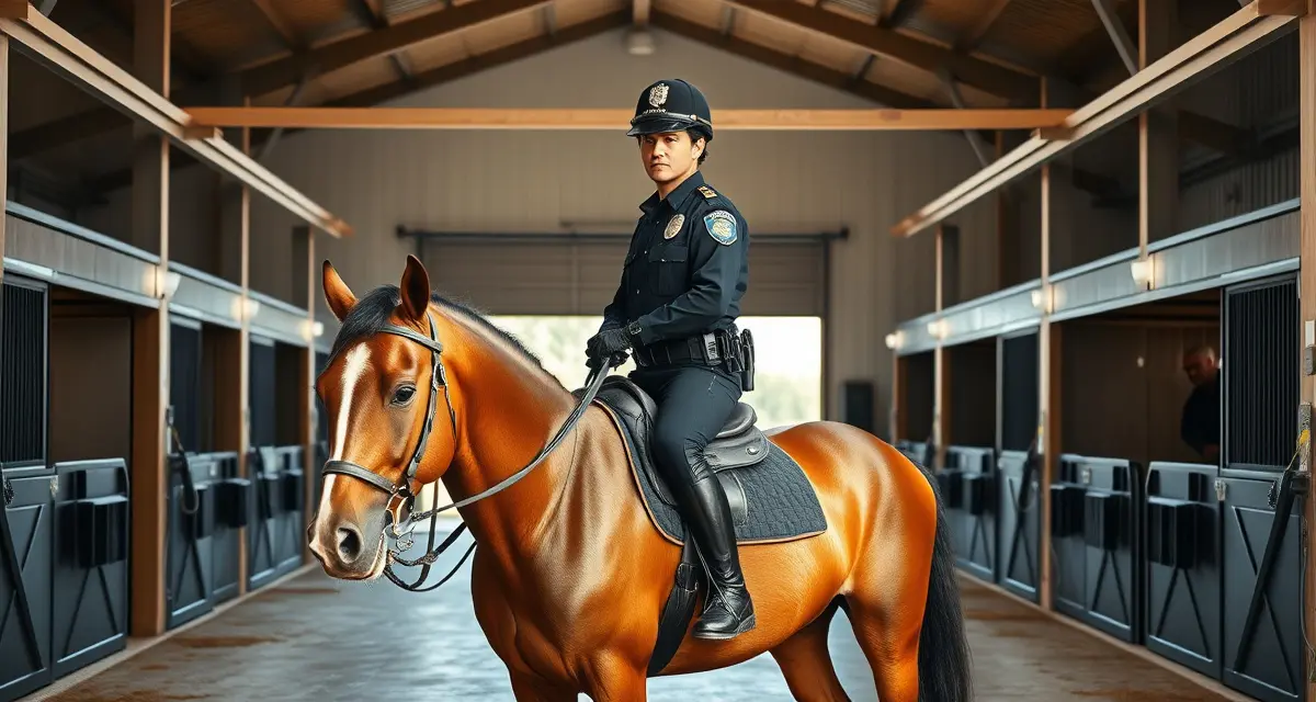 Mounted patrol officer on horseback at professional police barn facility with organized stalls and safety equipment