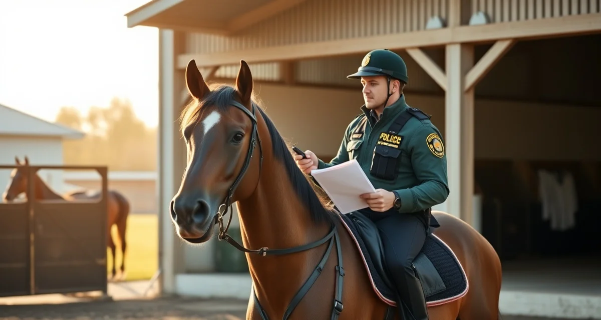 Mounted patrol officer inspecting horse equipment and fitness in professional barn setting for deployment readiness.