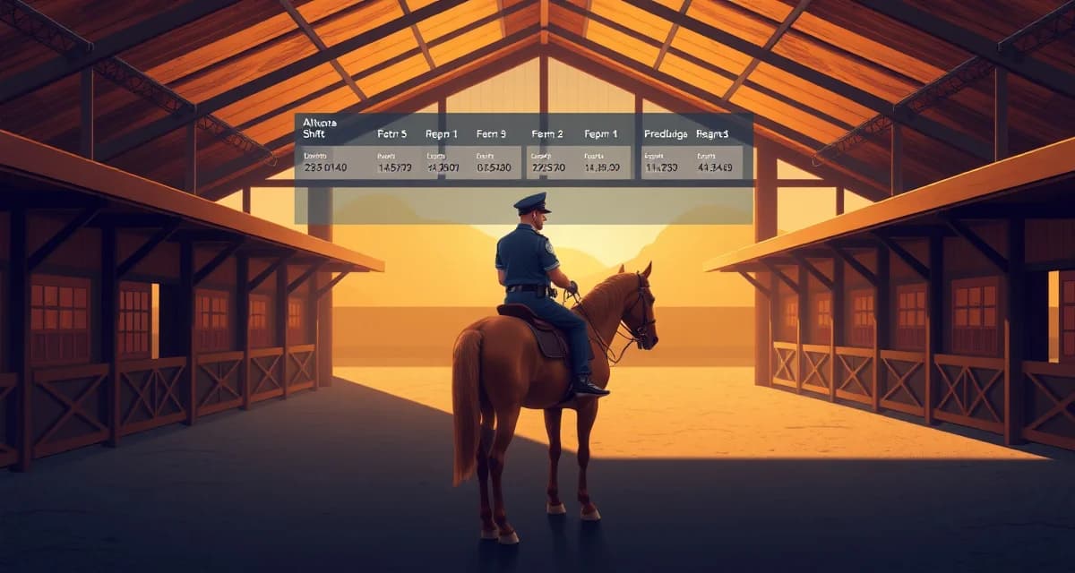 Mounted patrol barn scheduling software interface showing officer shifts, horse rotations, and training schedules in one unified dashboard