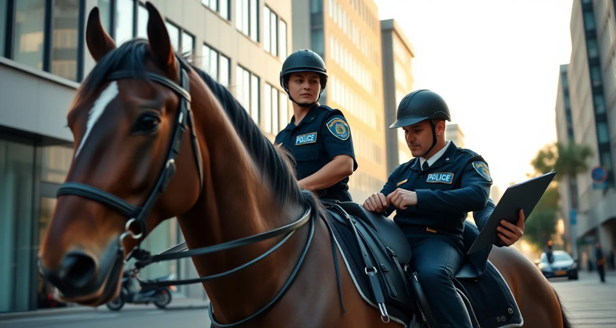 Mounted patrol officer communicating horse health updates during urban patrol duty with specialized barn management software