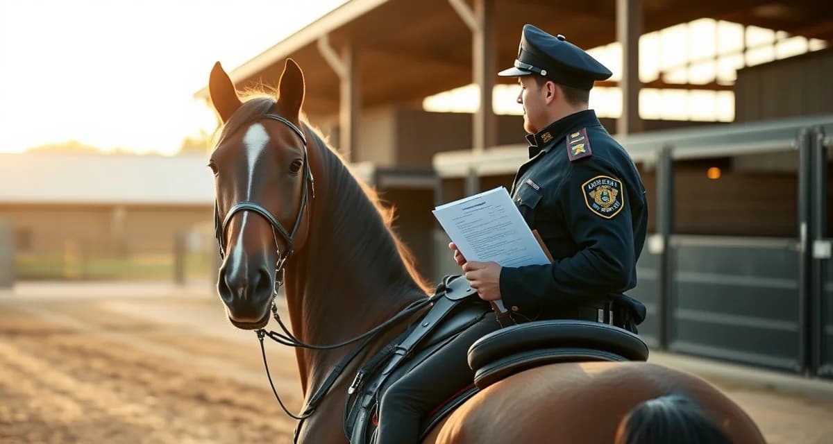 Mounted patrol officer documenting incident report at barn with structured communication system for owner updates
