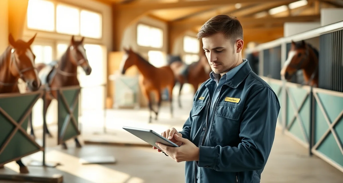 Barn manager preparing mounted patrol owner daily report using barn management software for horse program communication