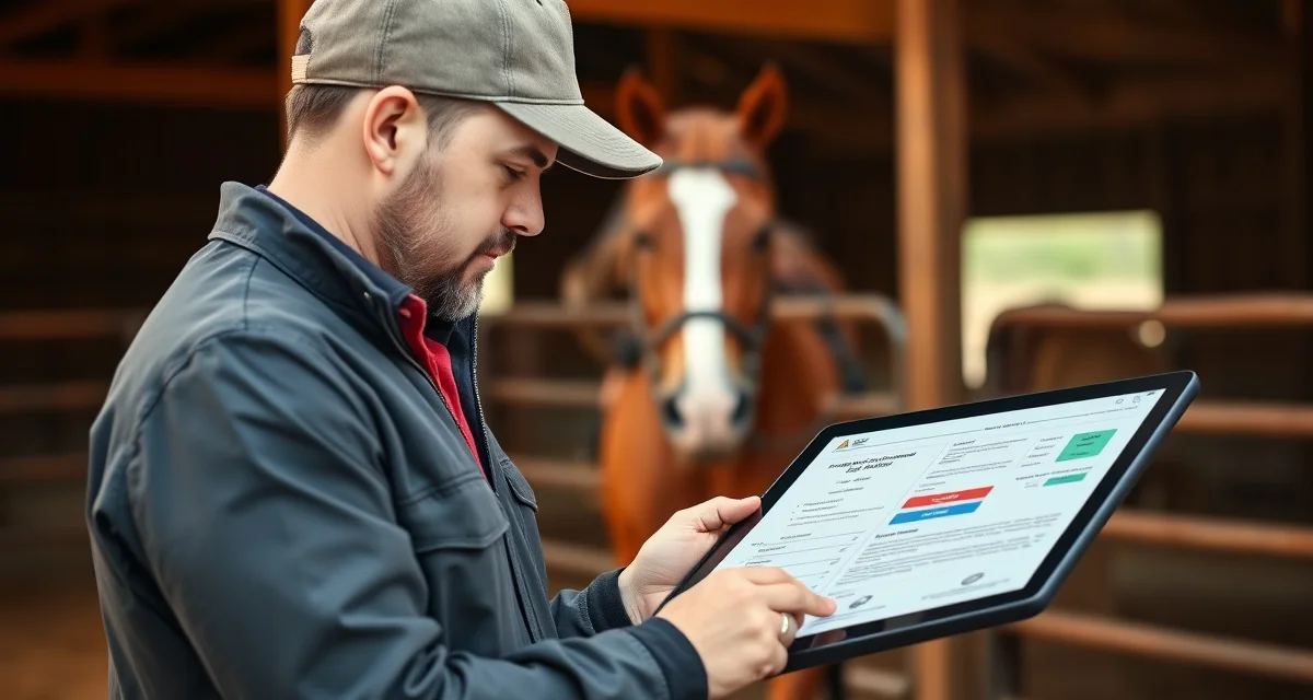 Barn manager tracking mounted patrol training progress and owner communication updates using specialized barn management software
