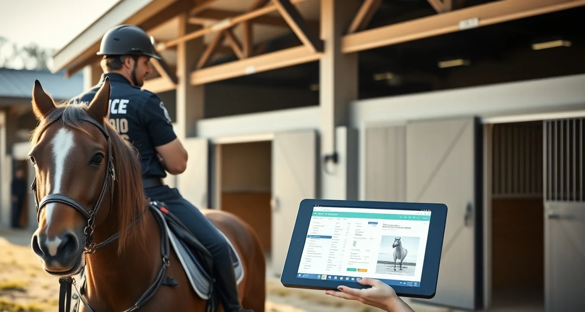 Mounted patrol barn owner reviewing centralized vet records on digital portal for horse care management and owner communication