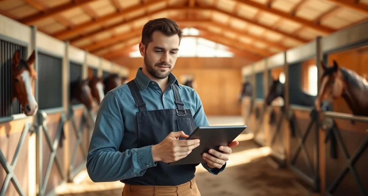 Horse barn staff member using digital mucking schedule software to assign stall cleaning tasks in a boarding barn facility