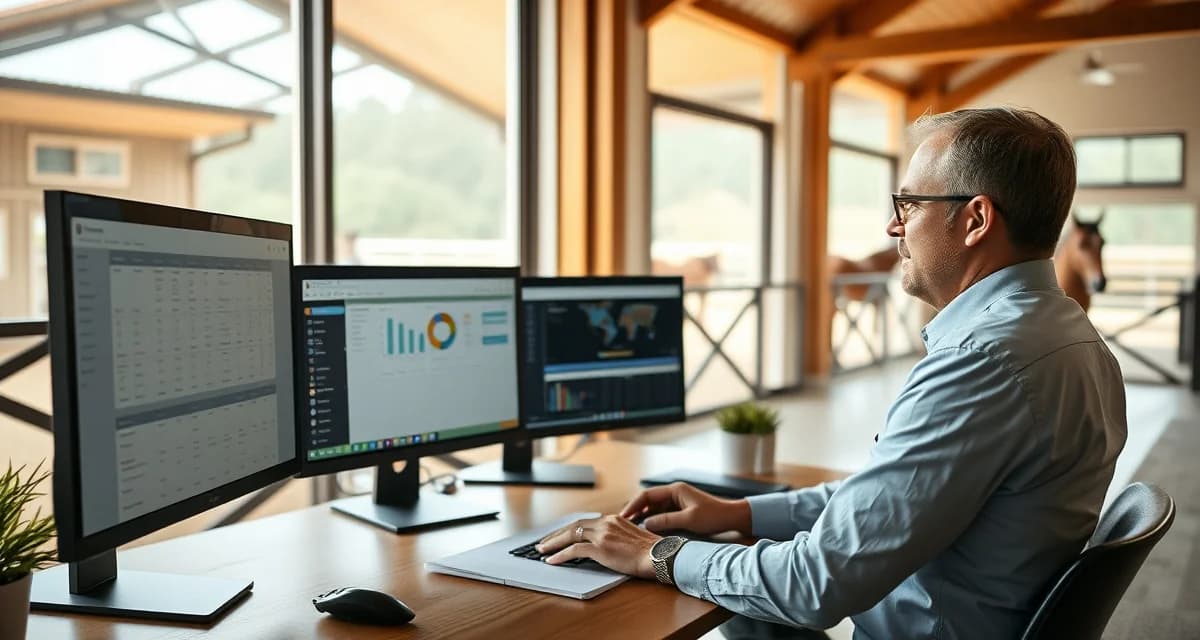 Barn manager organizing multi-discipline operations with integrated scheduling and billing software for mixed facility management.