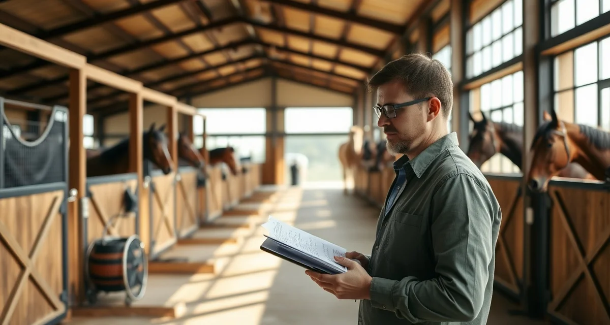 Horse barn owner reviewing multi-horse account billing and payment management on tablet in stable facility