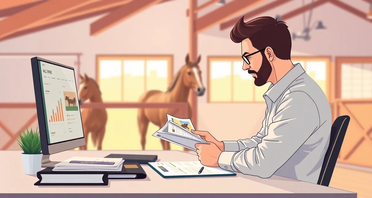 Horse stable manager organizing multi-horse billing accounts with clear documentation and organized account structure for boarding facility clients.