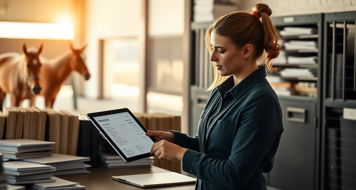 Barn manager organizing multi-horse boarding invoices and billing records for complex owner accounts in stable management software