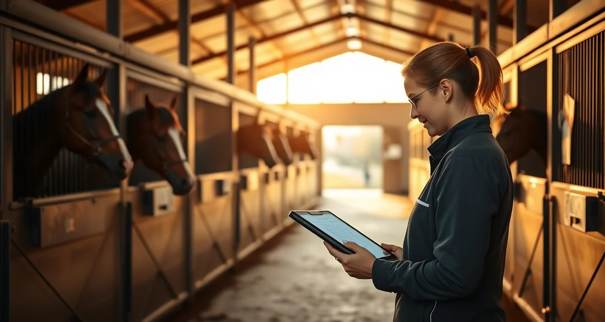 Horse barn manager using communication app to coordinate care for multiple horses owned by single boarding client