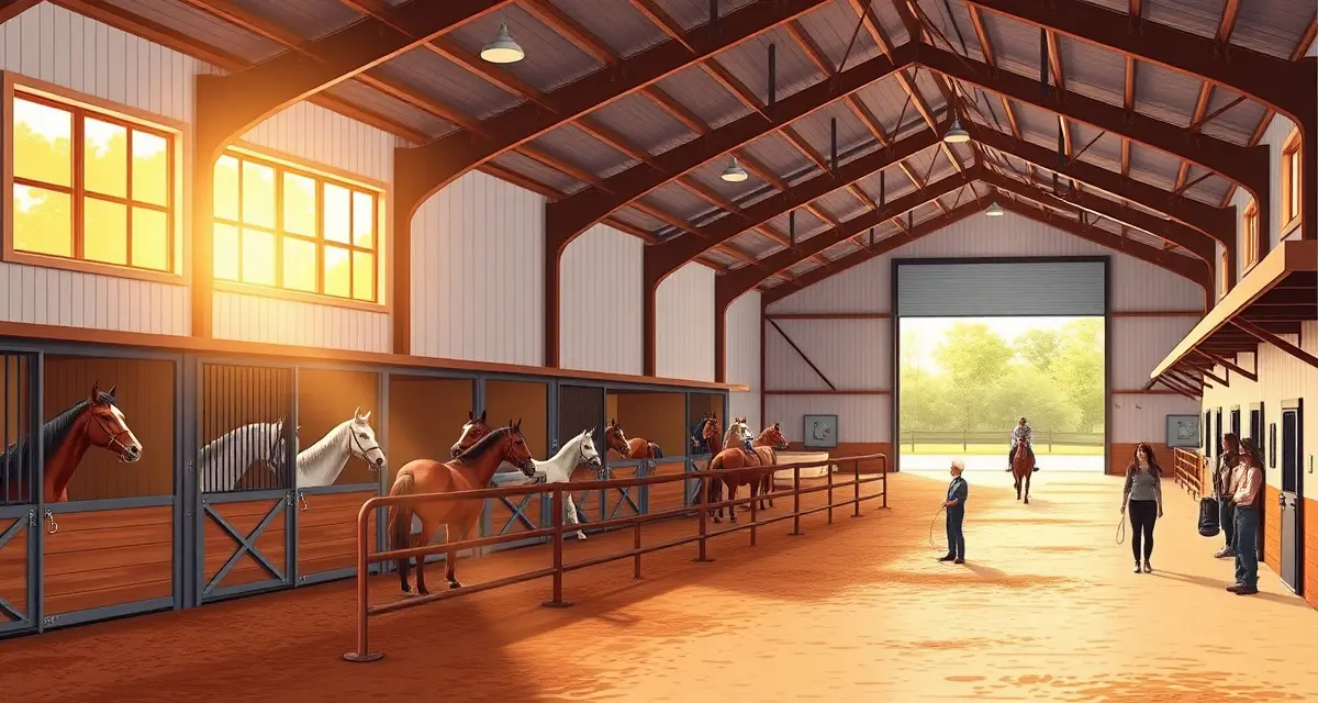 Modern horse barn facility offering multiple services including boarding, lessons, training, and clinics for revenue diversification