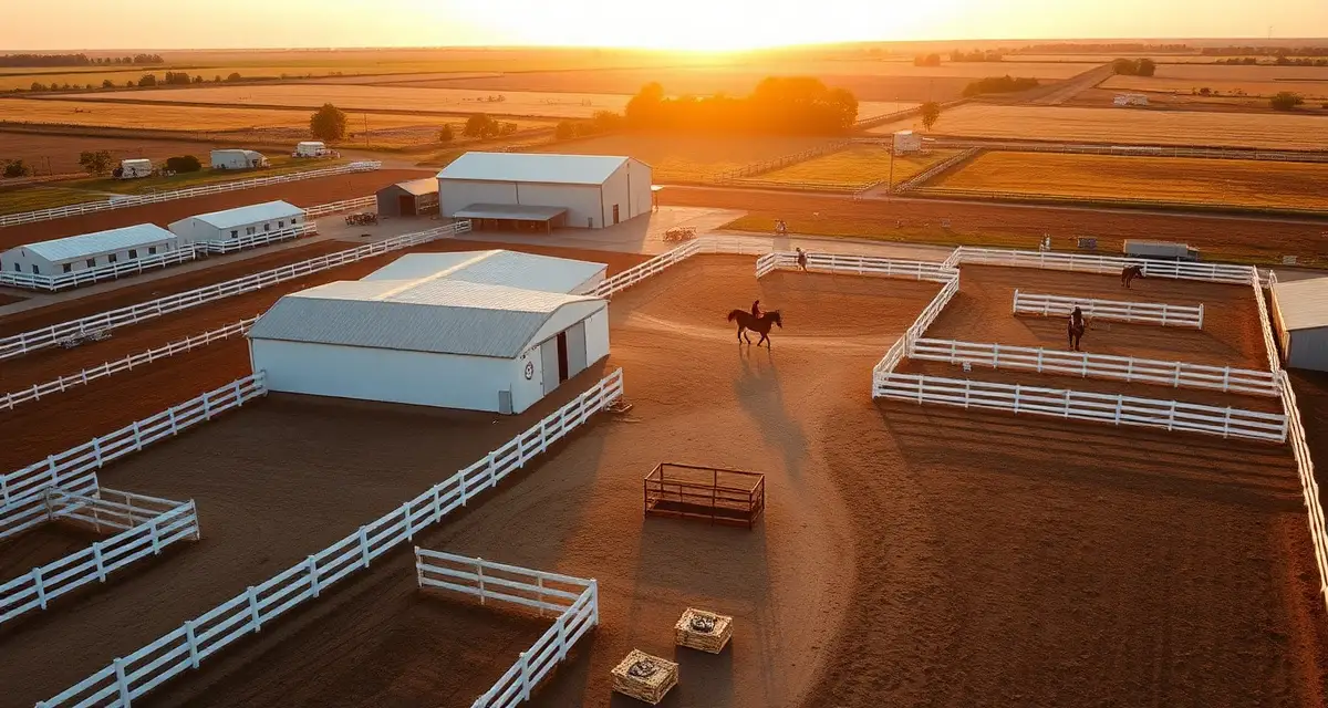 Modern Nebraska equestrian facility with organized barn management systems, white fencing, and training areas for horse operations.