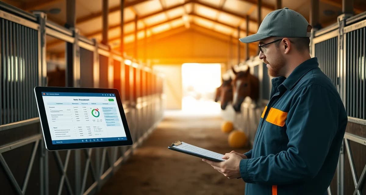 Modern barn management software interface displayed on tablet in a Nebraska horse stable facility with organized stalls and professional organization.