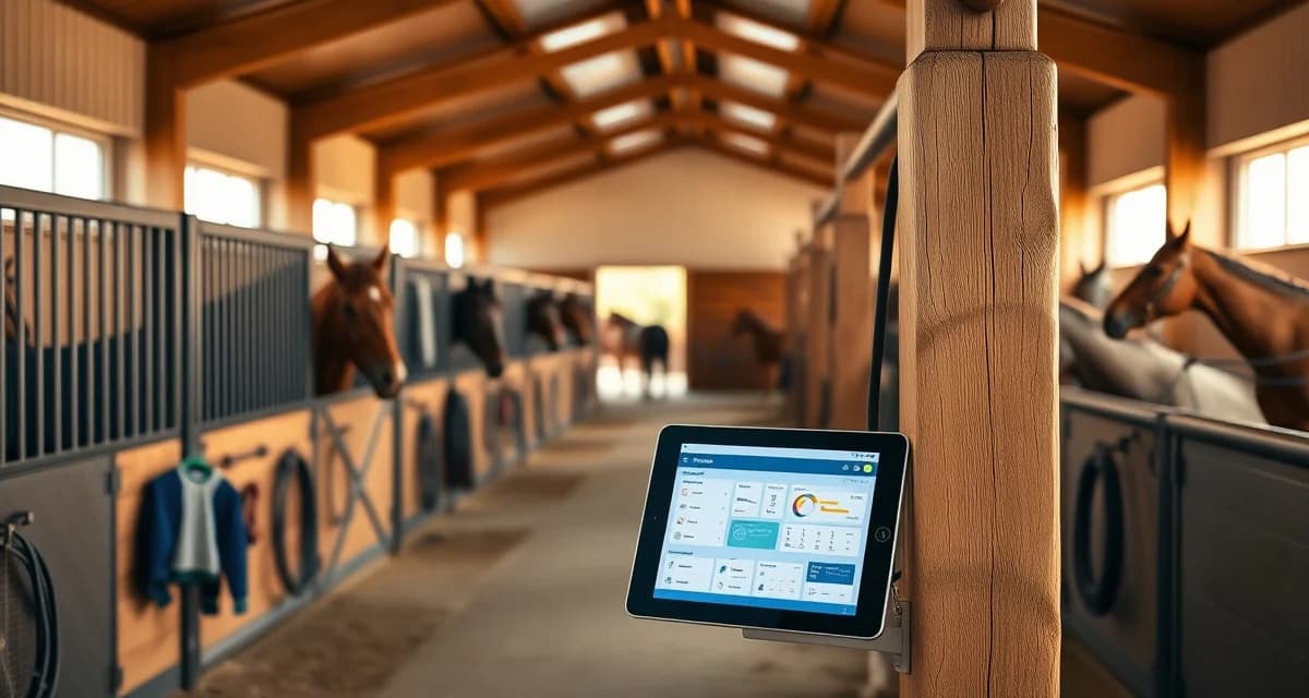 Modern horse barn interior showing organized stalls and digital management system for equestrian facility operations