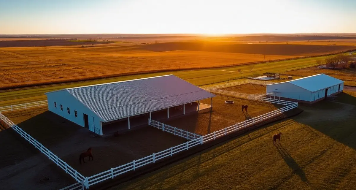 Modern horse barn facility in Nebraska with white fencing, paddocks, and grazing horses in rural landscape setting.