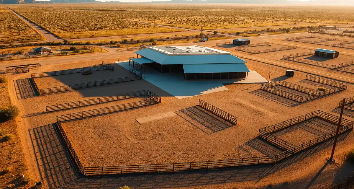 Modern Nevada horse barn facility with organized paddocks and management infrastructure for equine operations