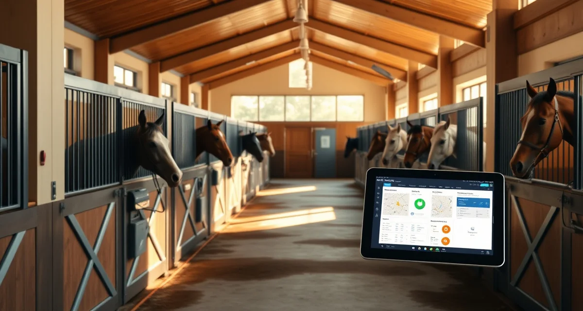 Modern horse barn facility management system with organized stalls and digital scheduling tools for Nevada equestrian operations.