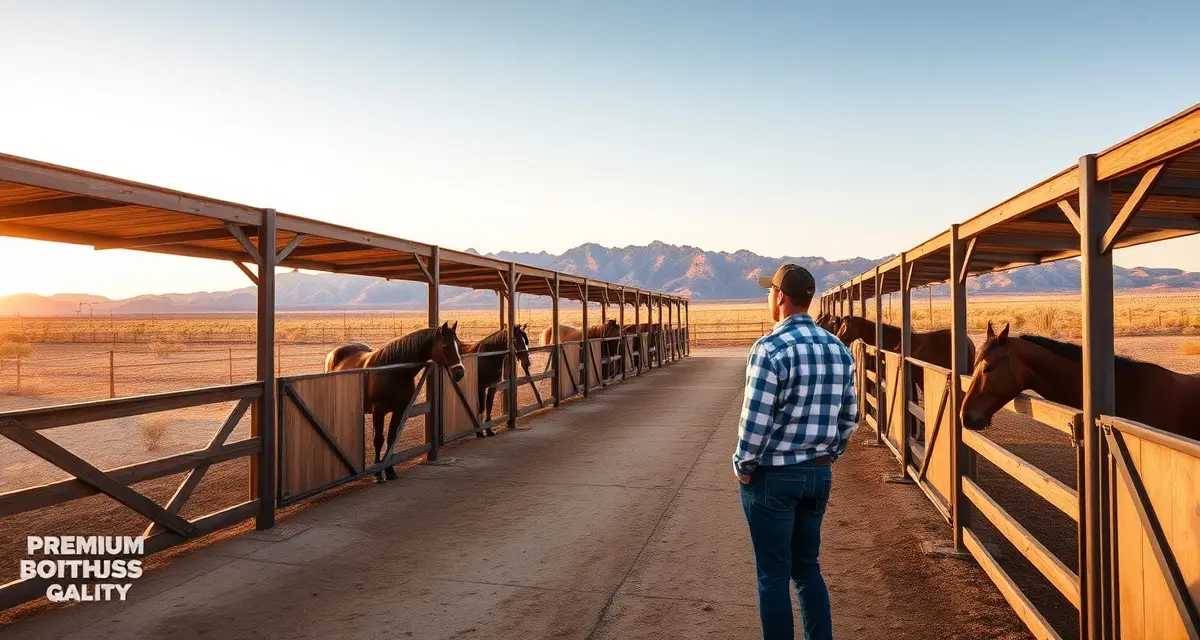 Modern horse boarding barn in Nevada with organized stalls, professional fencing, and desert landscape, representing successful barn management.