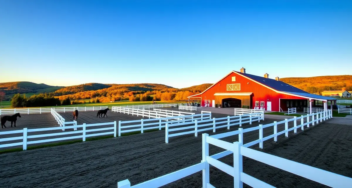 Modern horse barn facility in New Hampshire with white fencing, paddocks, and rolling hills, representing equine management operations