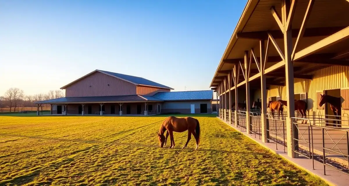 Modern equestrian barn facility in New Jersey with organized stables and horse paddocks, representing barn management software solutions.