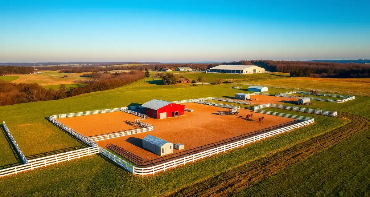 Modern horse barn and stable facility in New Jersey with multiple paddocks and professional equestrian infrastructure for comprehensive facility management.