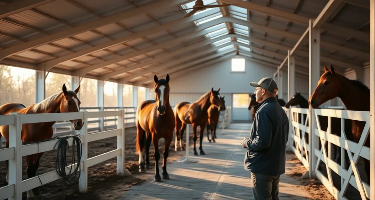 Modern horse boarding barn in New Jersey with organized paddocks, white fencing, and healthy horses managed with professional barn software systems.