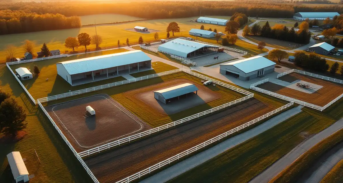 Modern equestrian facility in New York with barns, paddocks, and pastures demonstrating professional horse stable management.