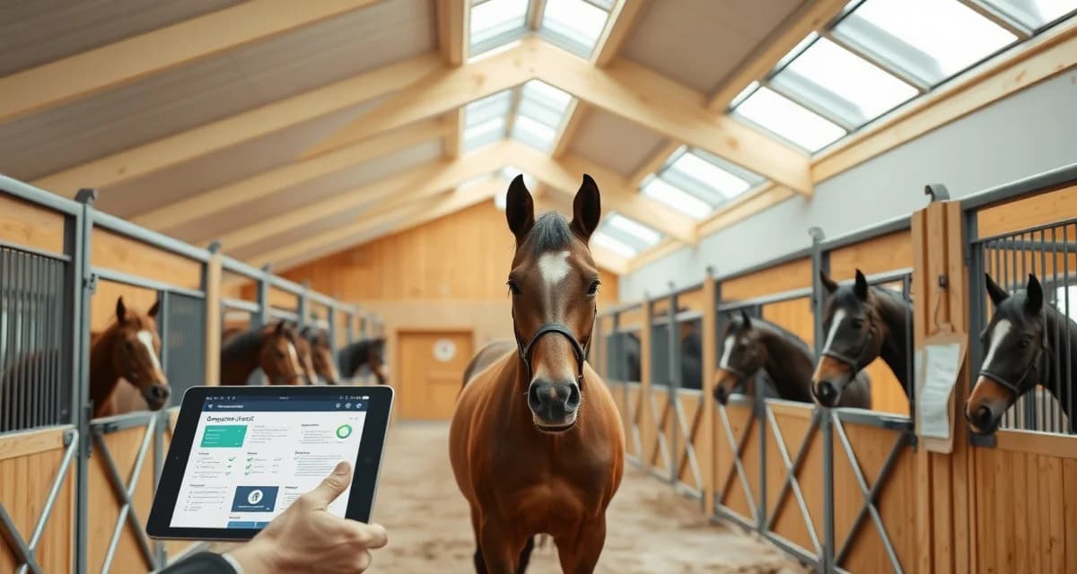 Modern horse barn management software dashboard displayed on tablet in New Hampshire equine facility with organized stalls