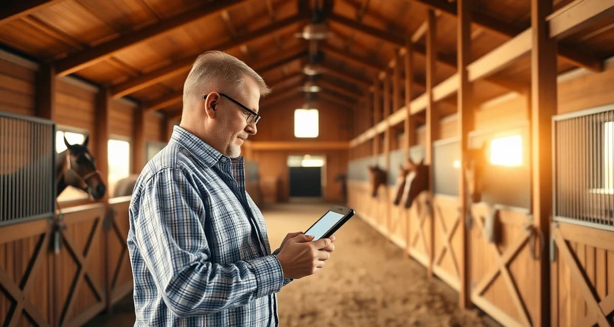 Modern horse barn management software interface displayed in North Carolina equestrian facility office with organized stables visible