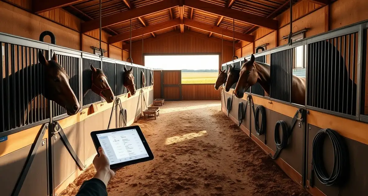 Modern horse barn management software interface displayed on tablet in organized equine facility with digital tracking system