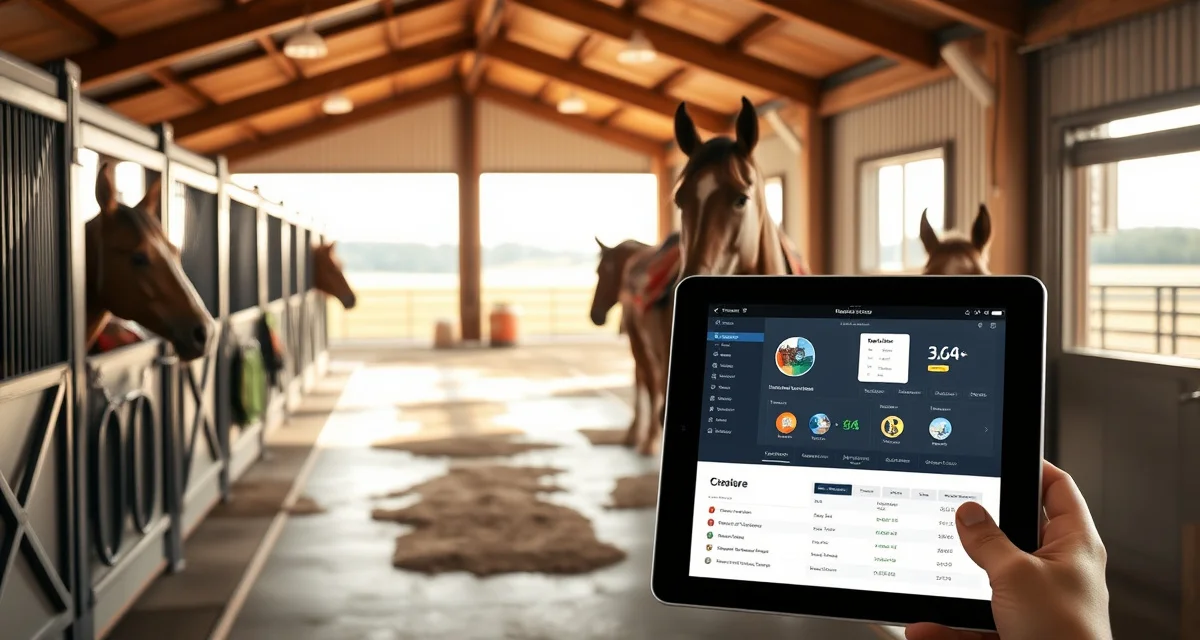 Modern horse barn management software dashboard displayed in Ohio equestrian facility with organized stalls and staff