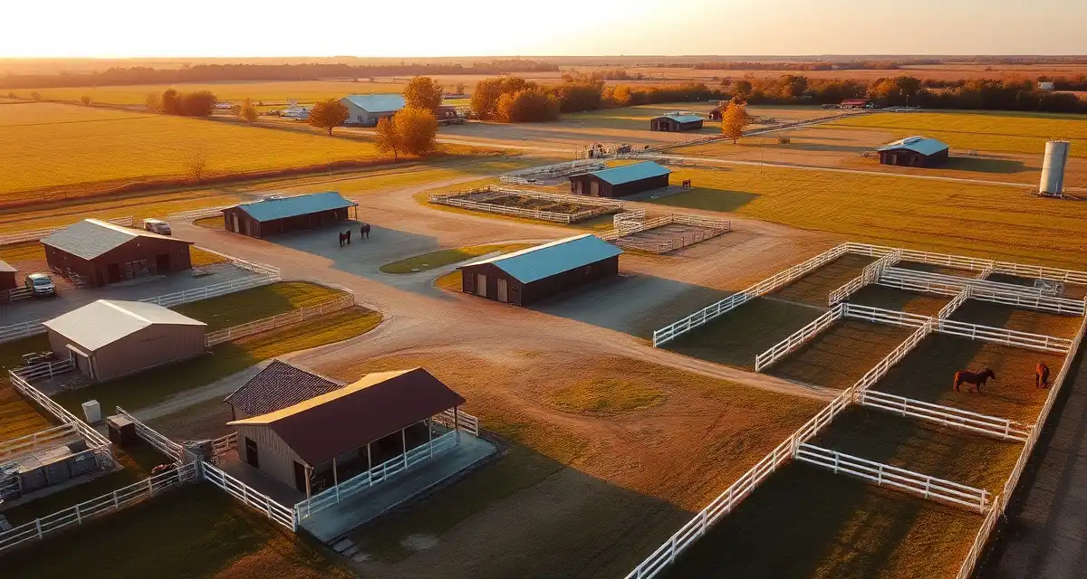 Aerial view of a professional equine facility in Ohio with multiple barns, white fencing, and well-maintained pastures for horse boarding and stable management.