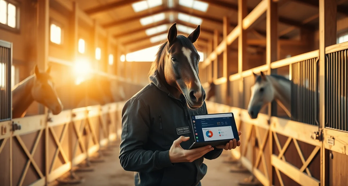 Horse barn management software dashboard displayed on tablet in modern Oklahoma equine facility with organized stalls