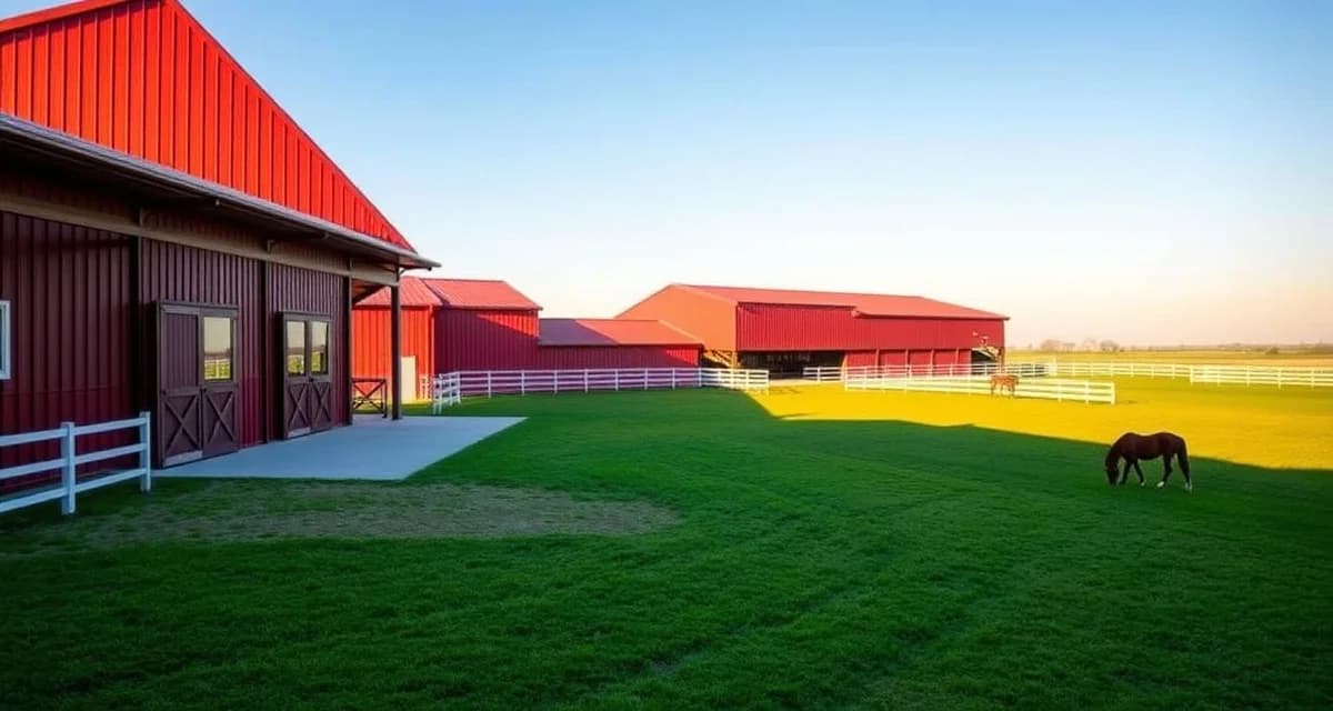 Modern Oklahoma equine facility with red barn, white fencing, and horses grazing in green pastures under blue sky.