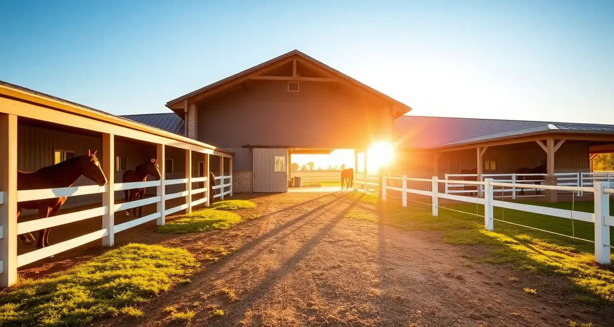 Modern horse boarding barn in Oklahoma with white fencing, paddocks, and horses grazing in natural pasture setting.