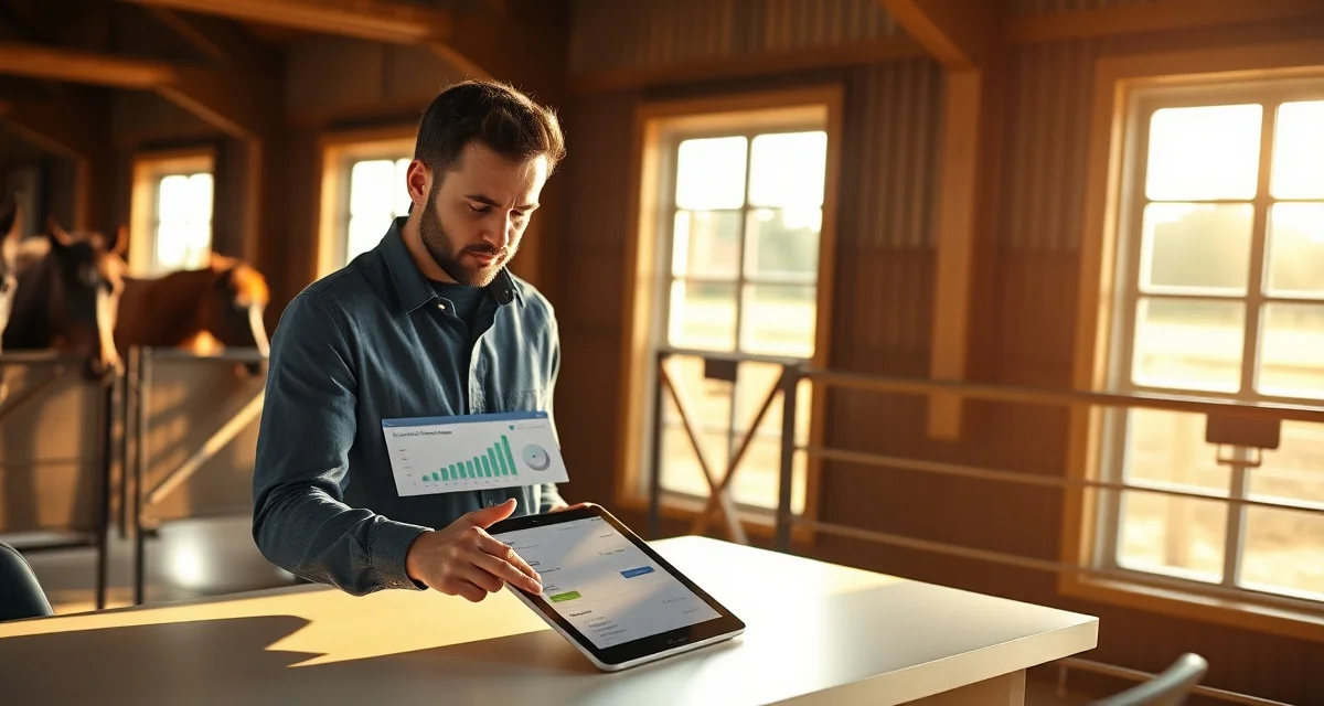 Barn manager processing online boarding payments through digital payment system on tablet in stable office
