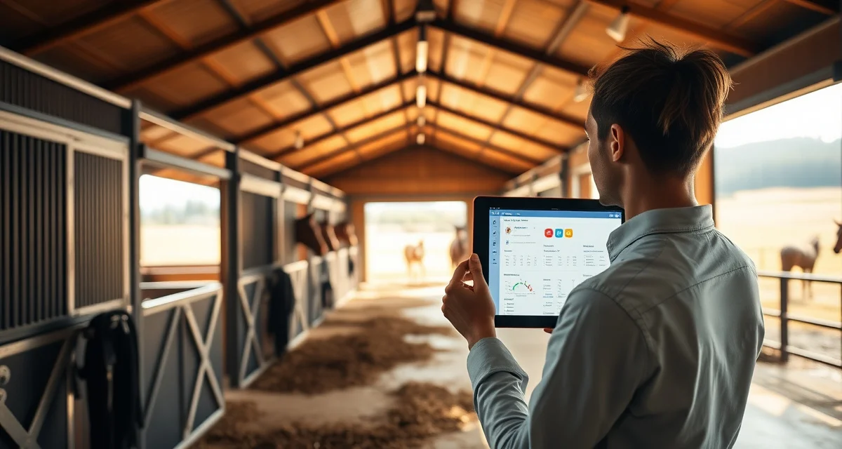 Modern horse barn interior showing organized stalls and digital facility management system for equestrian operations