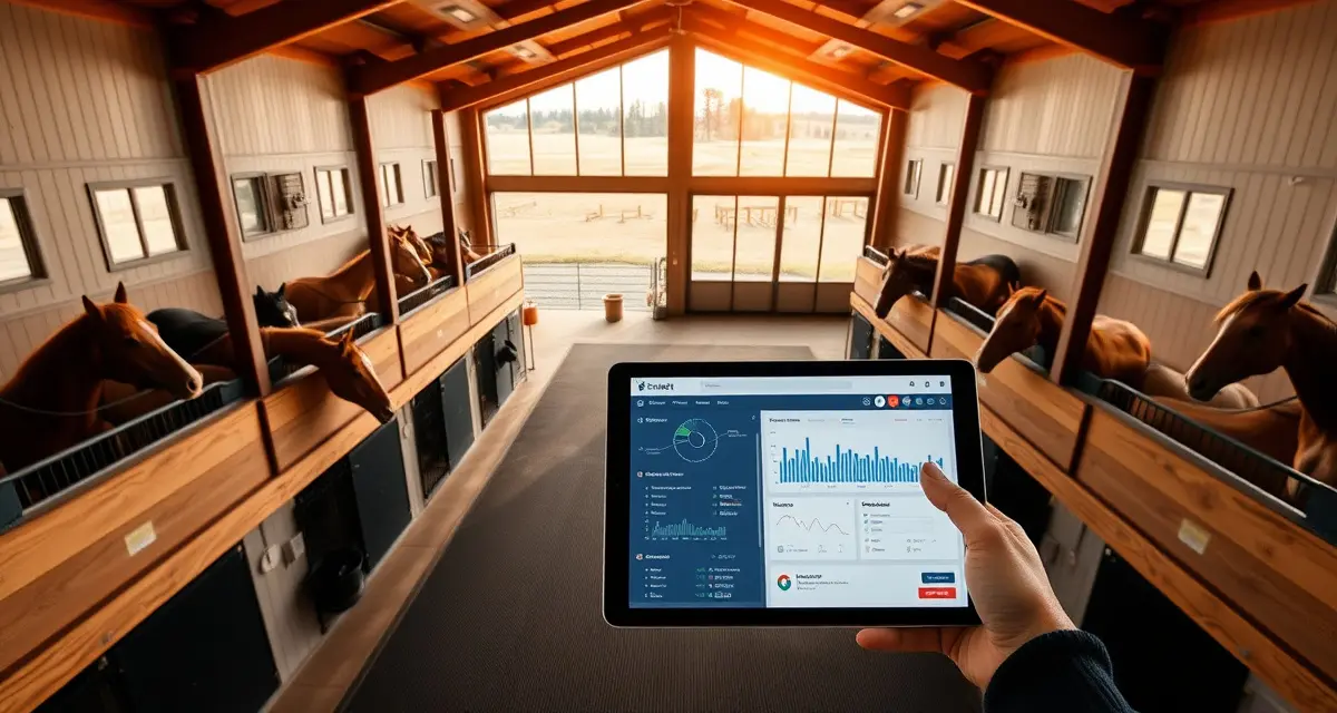 Modern horse barn management software interface displayed on tablet in professional Oregon equine facility with organized stalls