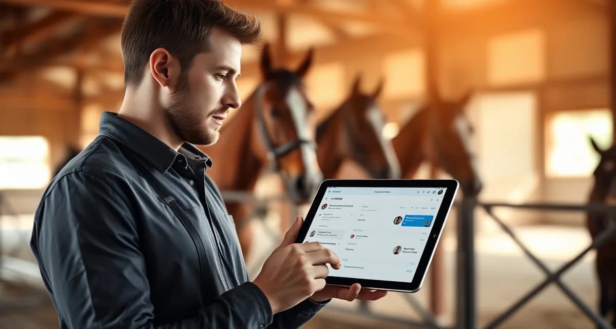 Horse barn owner communication platform dashboard displaying training logs and client messaging interface for equine facility management.