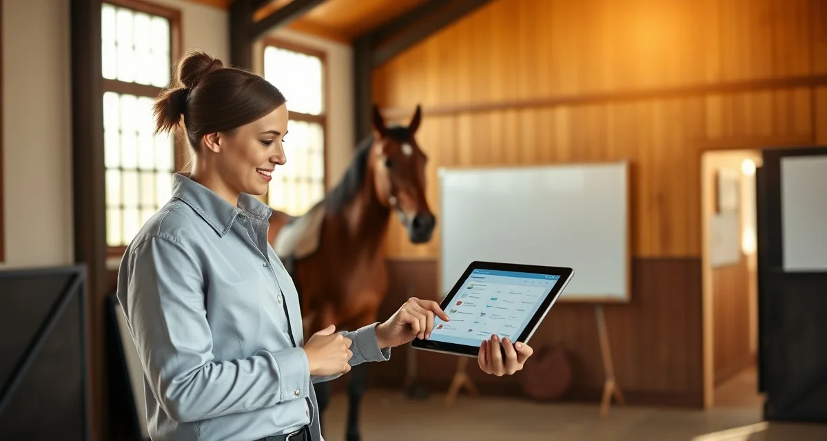 Horse barn manager using paddock assignment software on tablet to track turnout scheduling and staff decisions