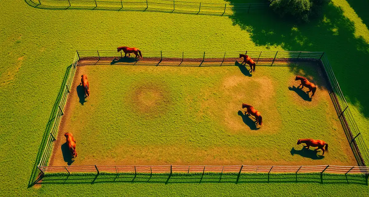 Aerial view of paddock rotation system showing horses grazing in divided pasture sections with electric fencing for effective pasture management.