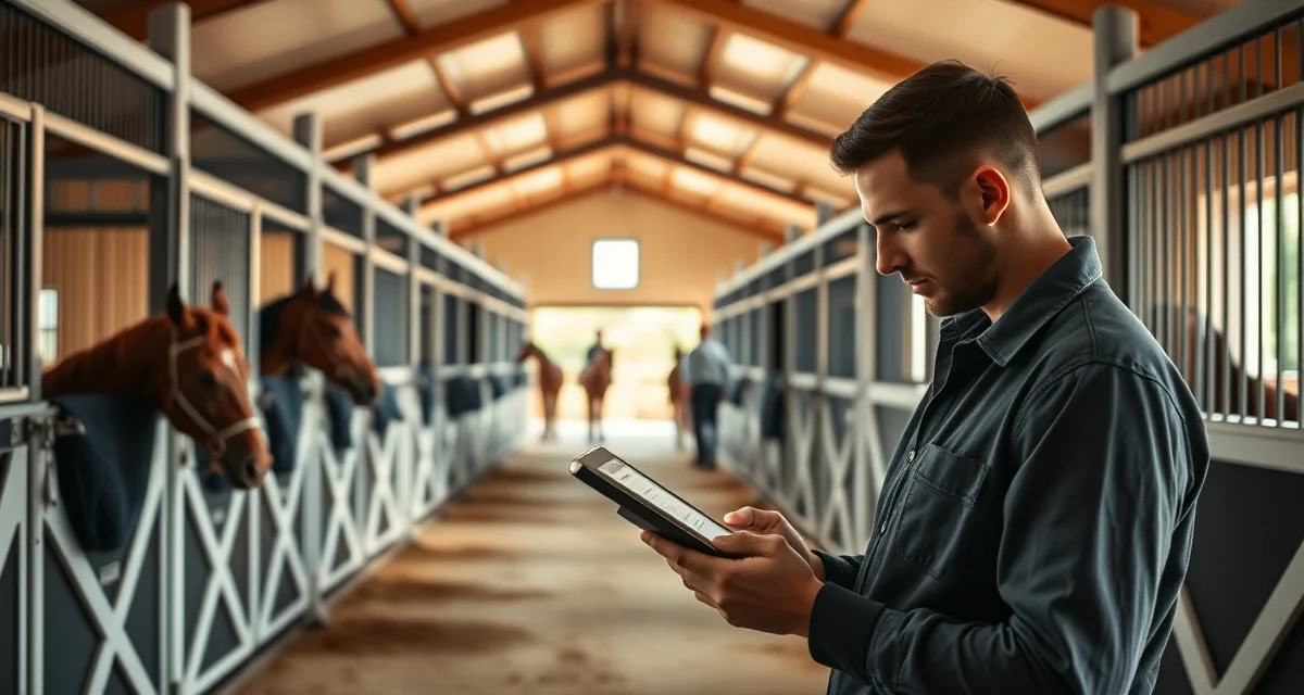 Modern barn management software interface displayed on tablet in Pennsylvania equestrian facility with organized horse stalls in background