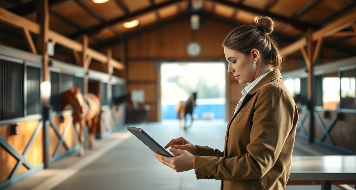 Barn manager using equestrian facility management software on tablet in modern horse stable with organized stalls and equipment