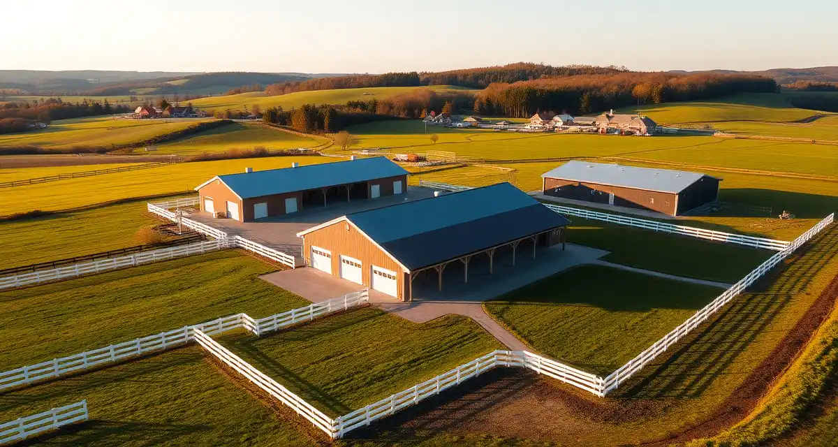 Modern Pennsylvania equine facility with white-fenced paddocks, well-maintained horse barn structures, and rolling farmland landscape typical of Chester County and Lancaster County horse farms.