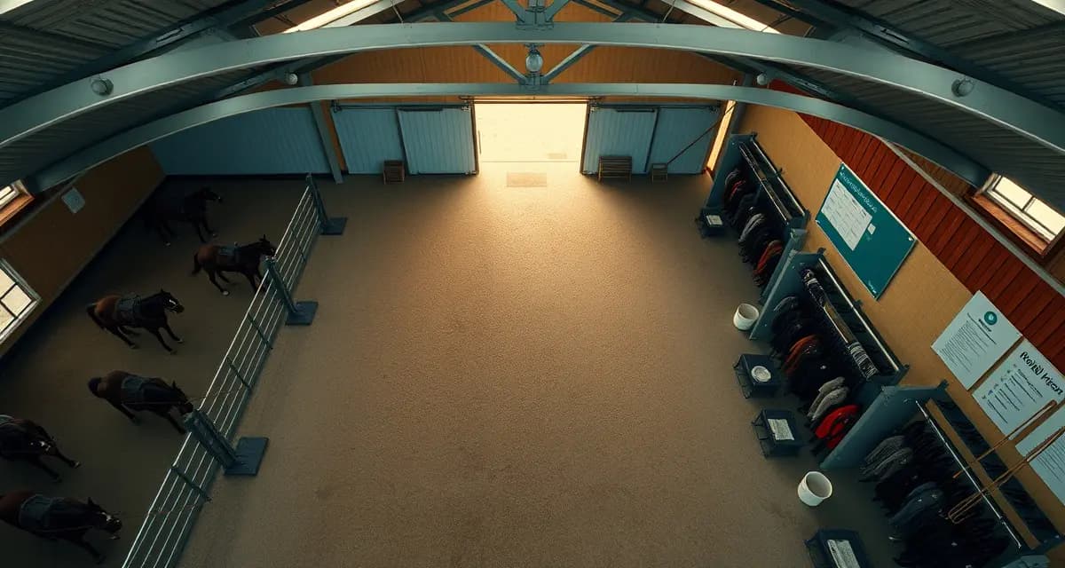 Organized polo barn with daily checklist clipboard showing morning and conditioning routines for facility managers